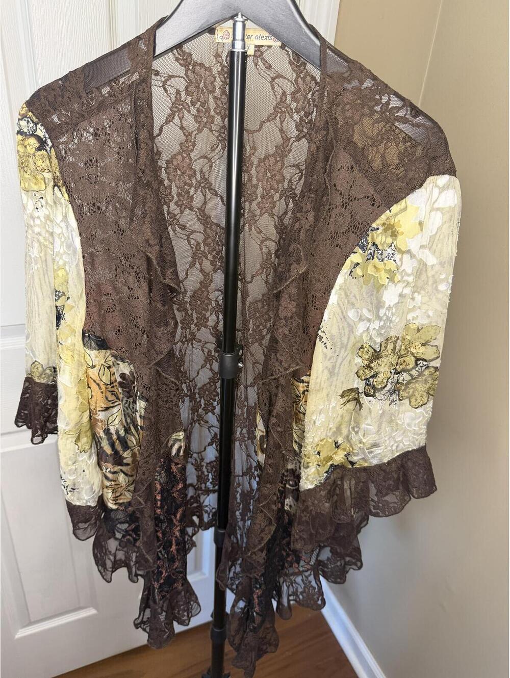 Spencer Alexis Lace Floral Kimono Cardigan Brown Boho 1X